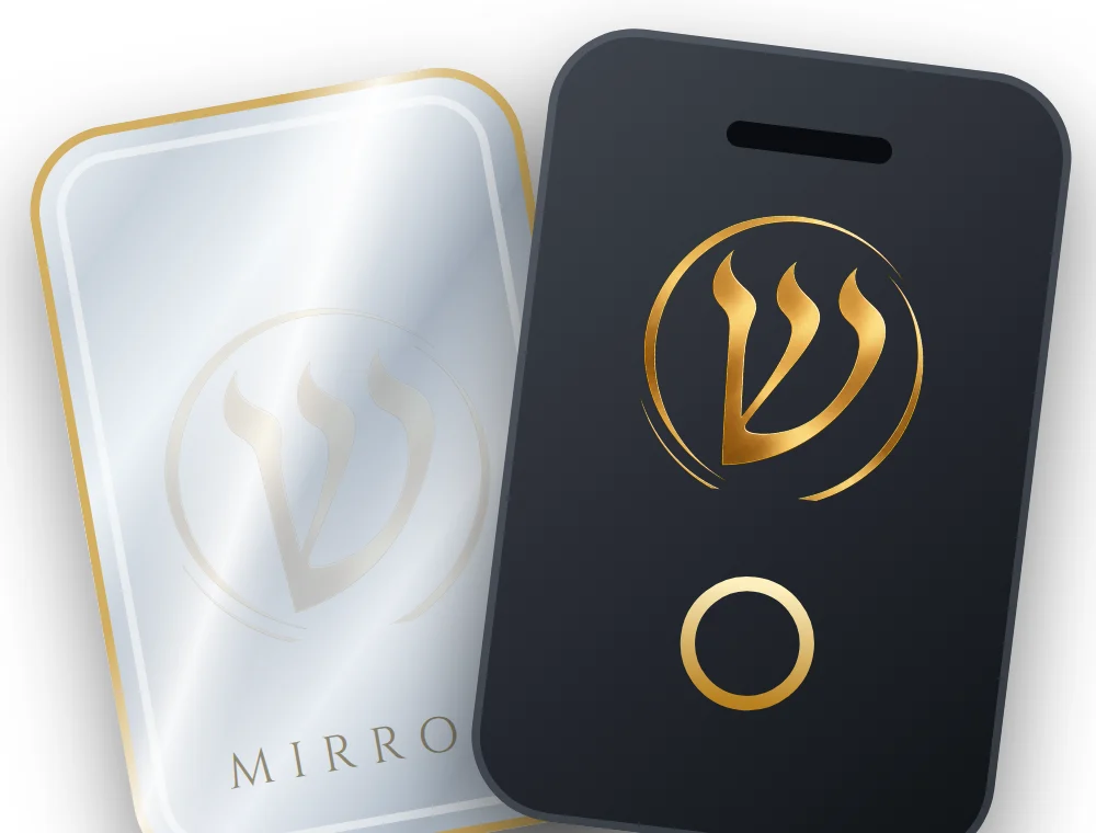 Shlomo's card: silver mirror side and black tracker side with gold shin monogram